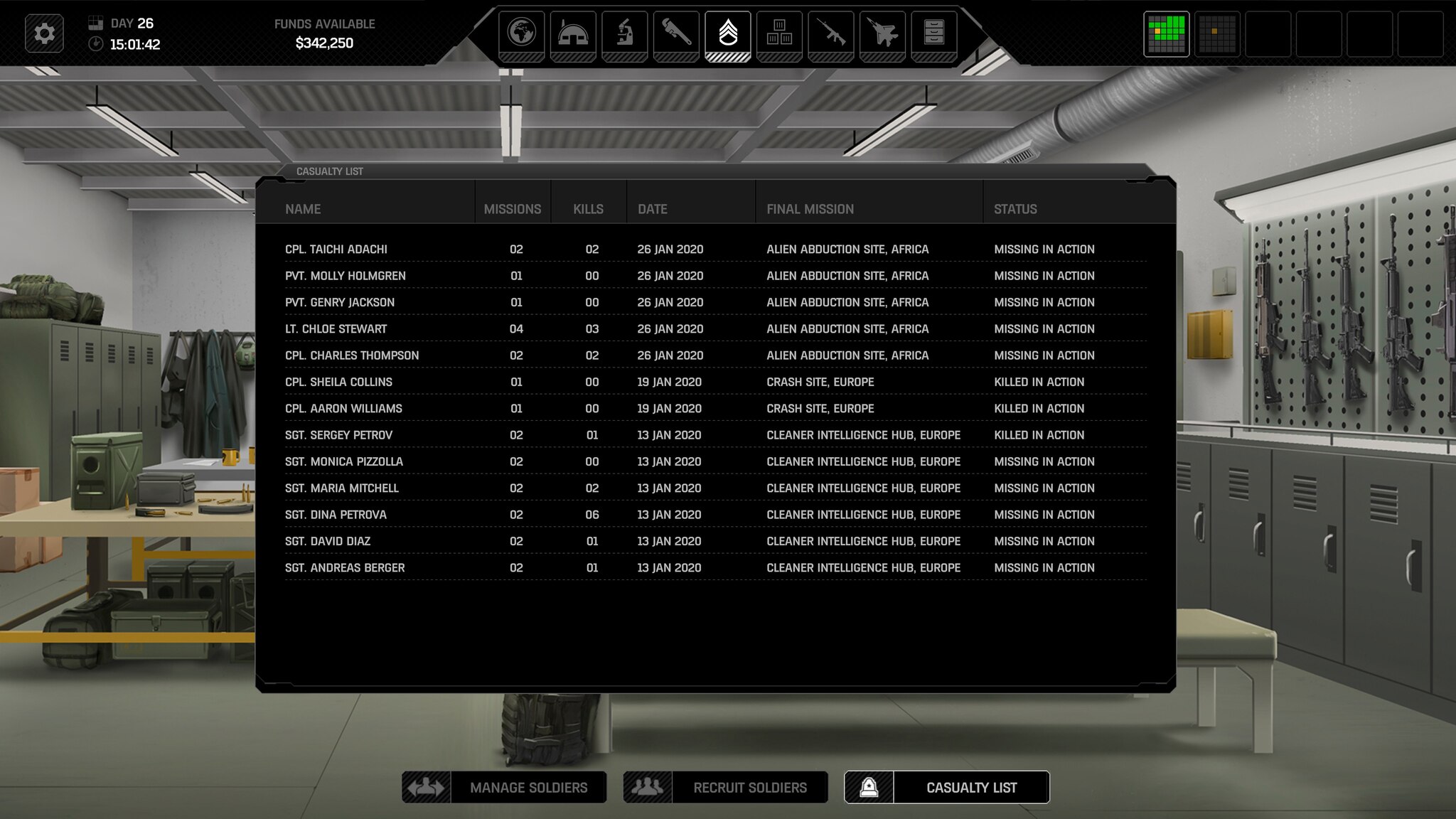 Xenonauts 2: Kaatuneiden lista