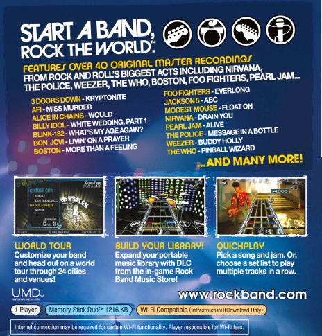 PSP:n Rock Band -pelistä vuosi tietoja