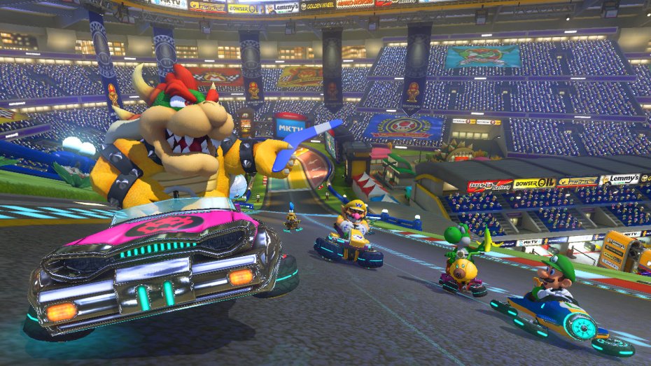 Mario Kart 8 kurvailee trailereilla ja sateenkaaritien kuvilla