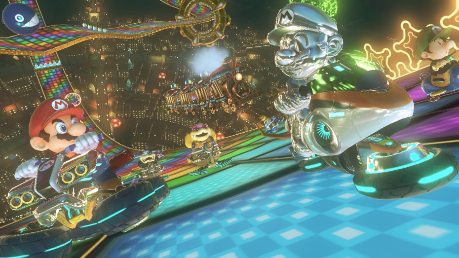 Mario Kart 8 kurvailee trailereilla ja sateenkaaritien kuvilla