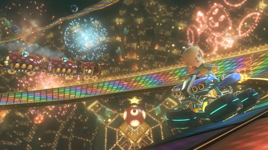 Mario Kart 8 kurvailee trailereilla ja sateenkaaritien kuvilla
