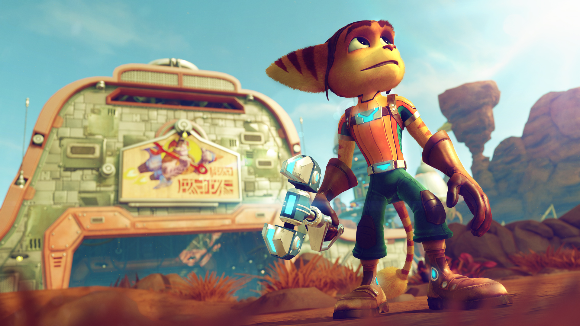 Ratchet seisoo työpajansa edessä (Ratchet & Clank PS4)