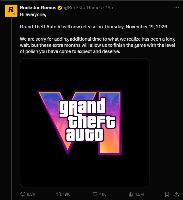 Grand Theft Auto 6: Rockstar tiedote viivästymisestä