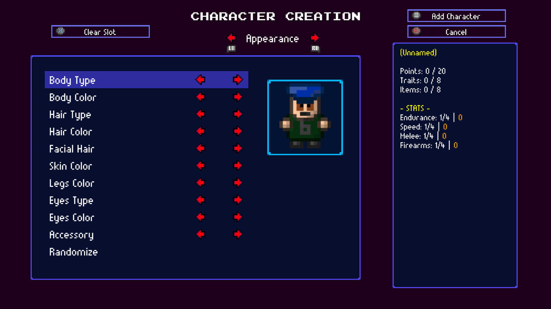Streets of Rogue: Hahmonluonti