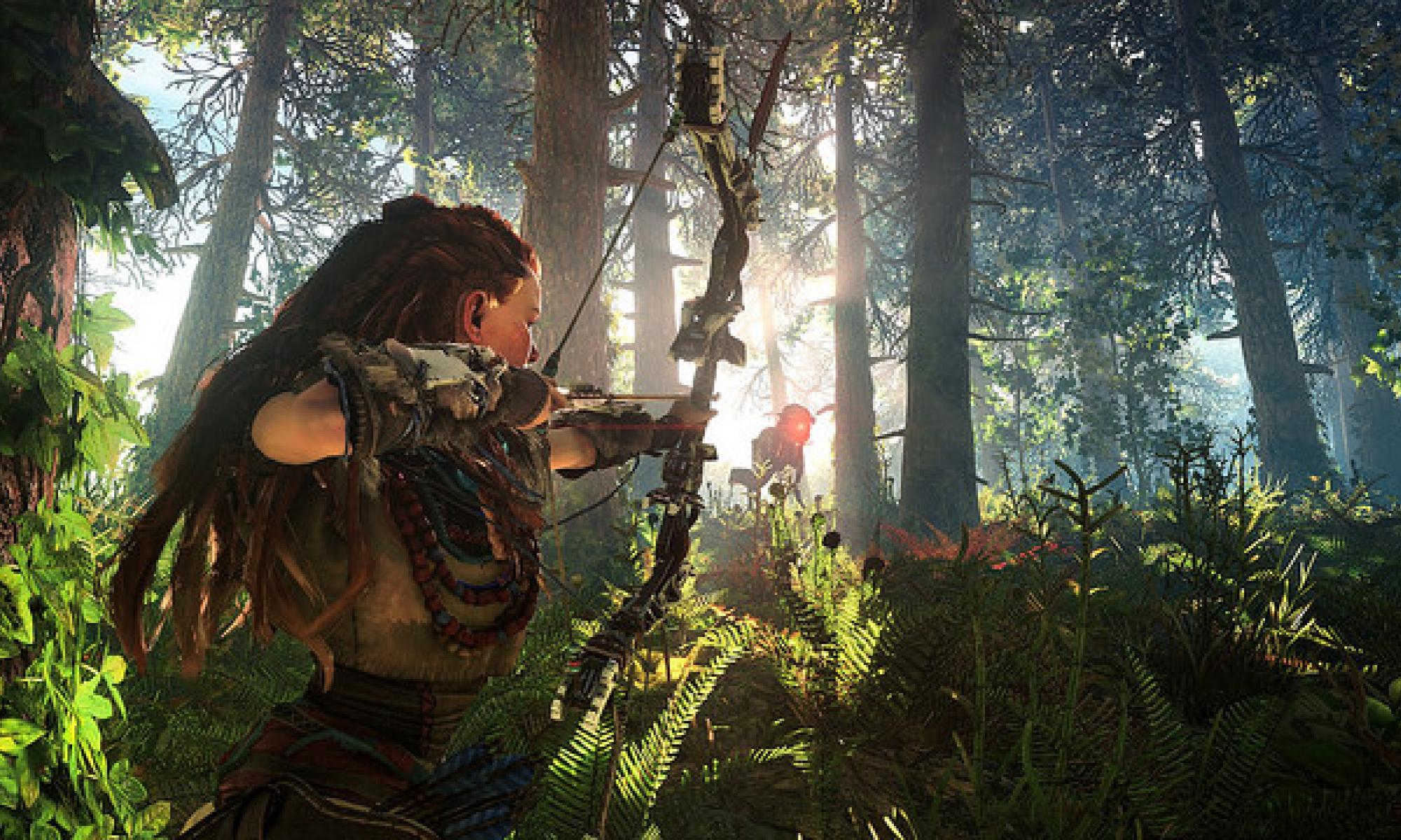 Aloy ampumassa jousella (Horizon: Zero Dawn)
