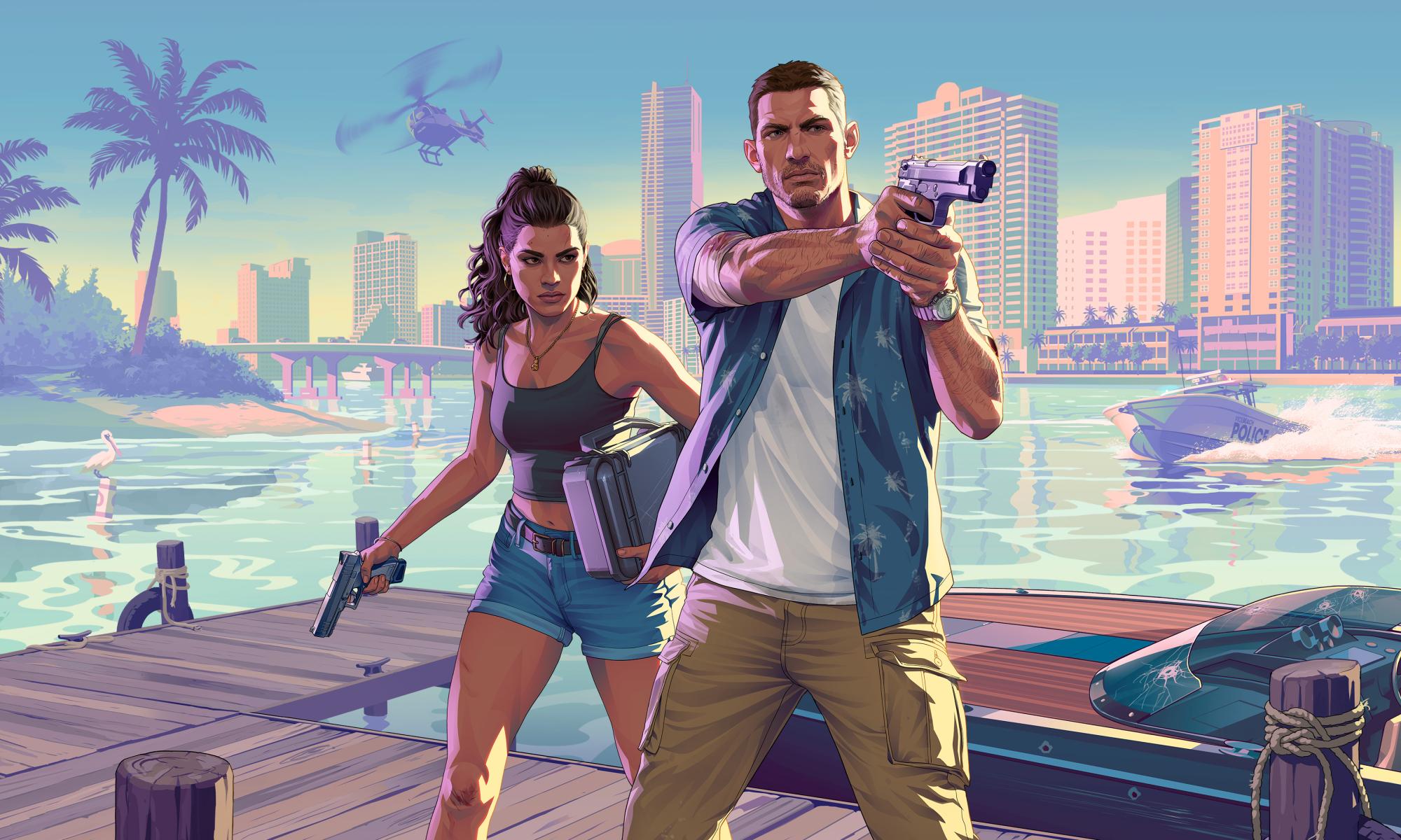 Grand Theft Auto VI - Jason pointing the gun to somebody and Lucia standing next to him