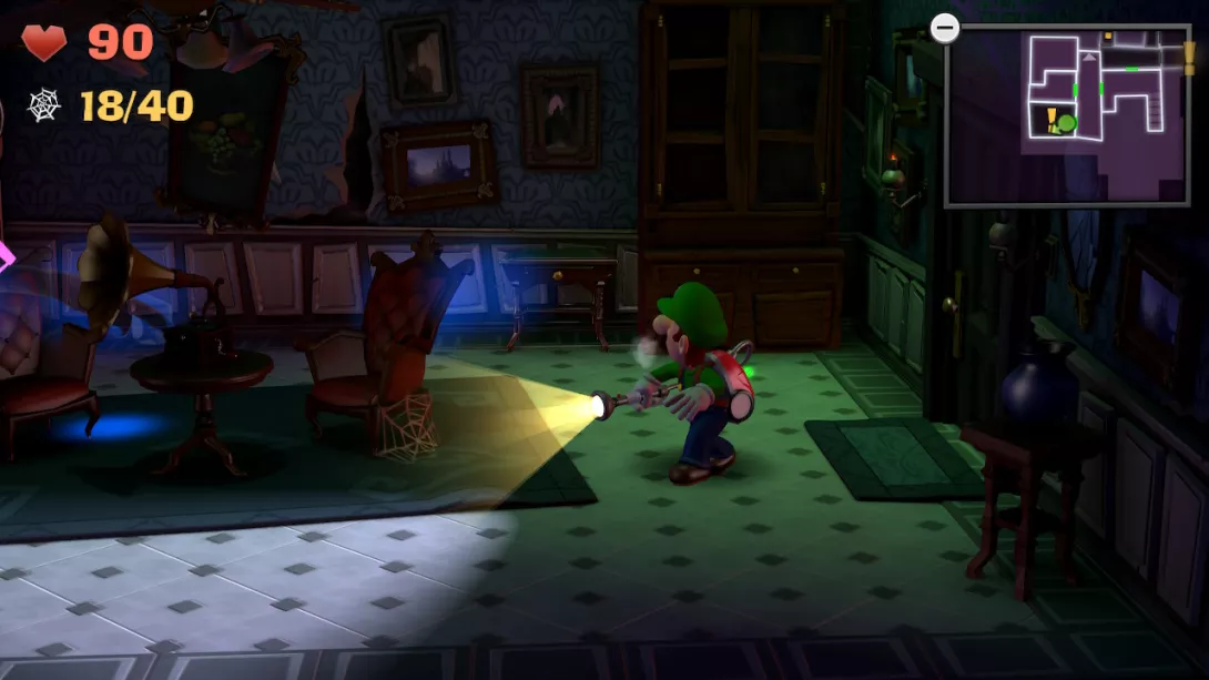 Luigi's Mansion 2 HD pimeässä huoneessa