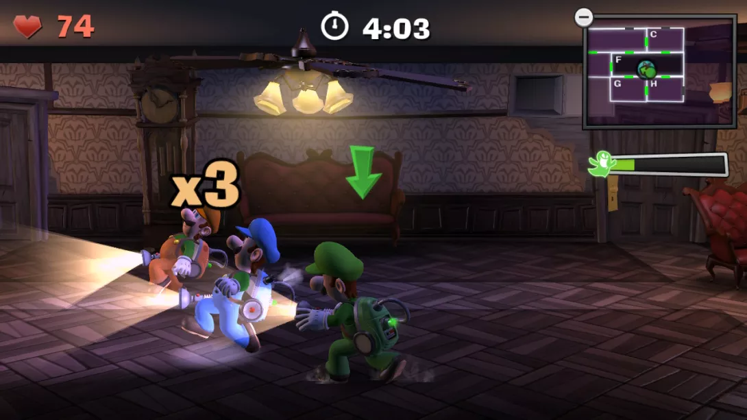 Luigi's Mansion 2 HD moninpelissä kolme Luigia