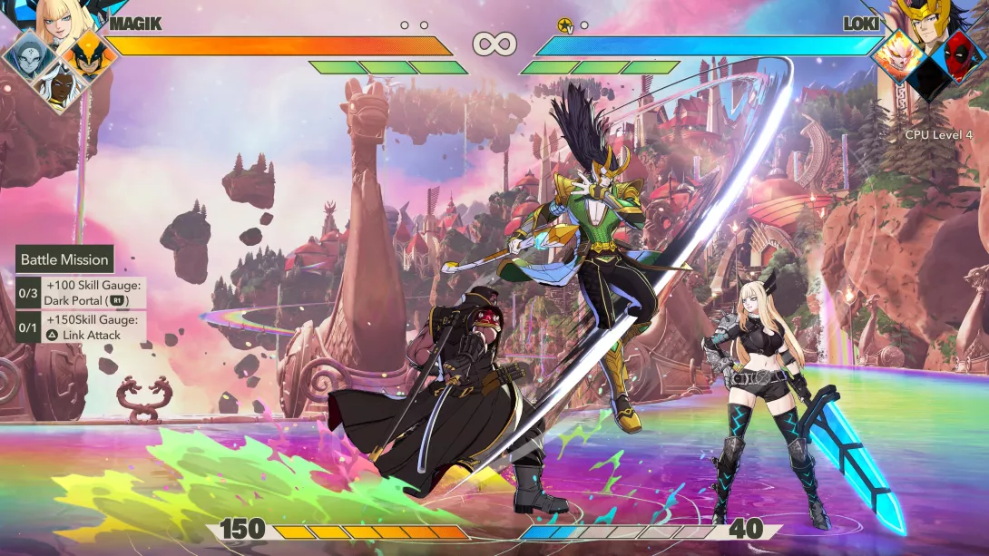 MARVEL Tōkon: Fighting Souls_Loki ja Blade hyökkäävät kohti Magik-hahmoa