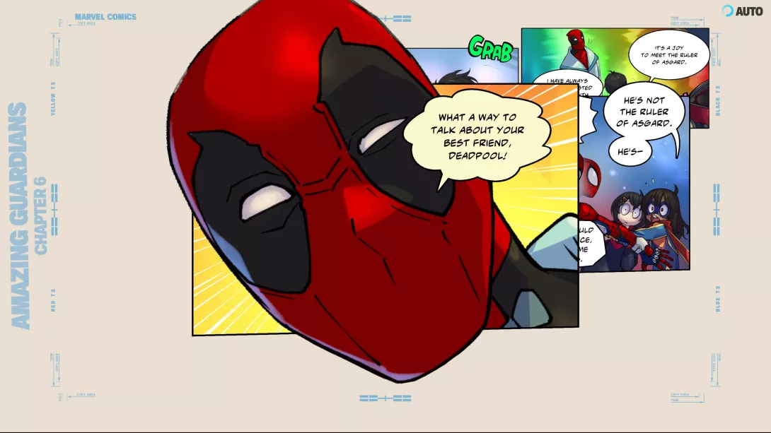 MARVEL Tōkon: Fighting Souls_Sarjakuvaruutu, jossa Deadpool velikultailee