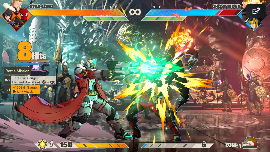 MARVEL Tōkon: Fighting Souls_Tähtilordi jysäyttää Aaveajajaa pyssyllä kupoliin