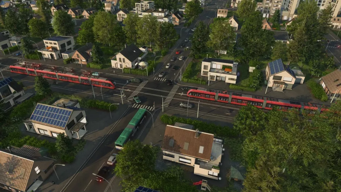Kaupunkien liikenteen rakentelua pelissä Transport Fever 3
