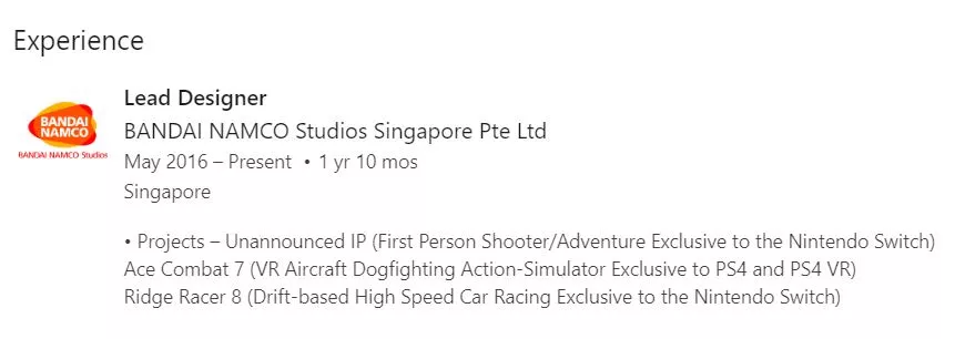 Bandai Namco työntekijän cv metroid ja ridge racer 8