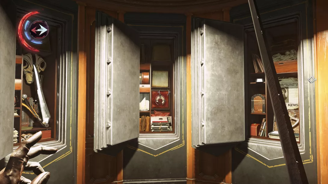 Dishonored: Death of the Outsider kassakaappien sisältöä tyhjäämässä