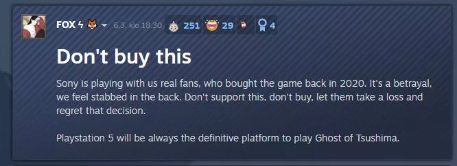 Ghost of Tsushima ja Steam-ketjussa ei kehoteta ostamaan