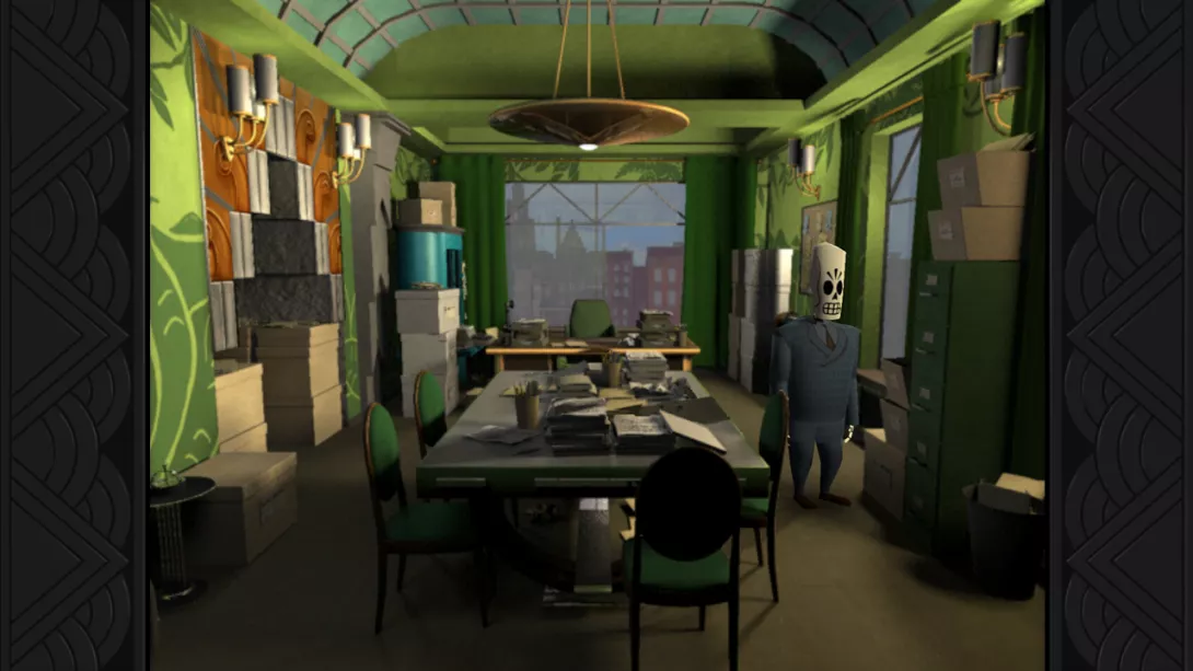 Grim Fandango Remastered Manny tutkimassa toimistohuonetta