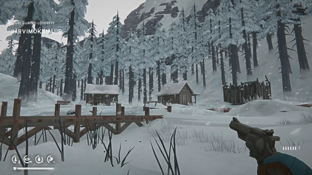 The Long Dark järvimökkialueella pyssyn kera
