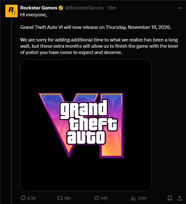 Grand Theft Auto 6: Rockstar tiedote viivästymisestä