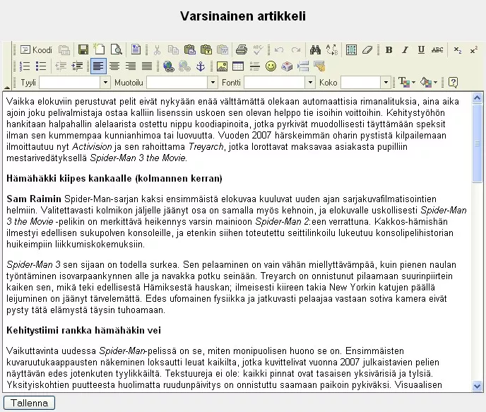 Arvostelun muokkaaminen vanhalla työkalulla